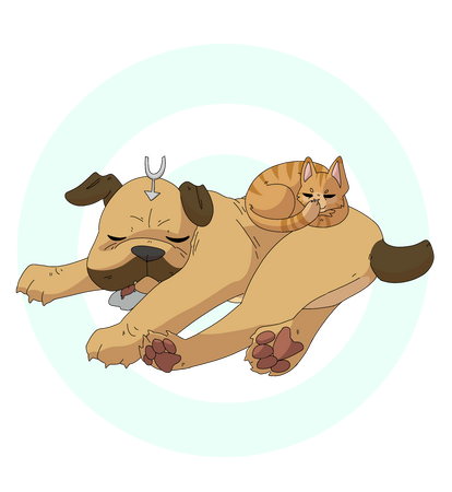 a drawing of lockjaw and goose from marvel comics sleeping. goose is curled up on lockjaw's side.